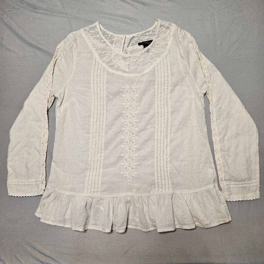 Sweet Magnolia Peplum Blouse Women Medium Cream Lace Cotton Boho Embroidered Top